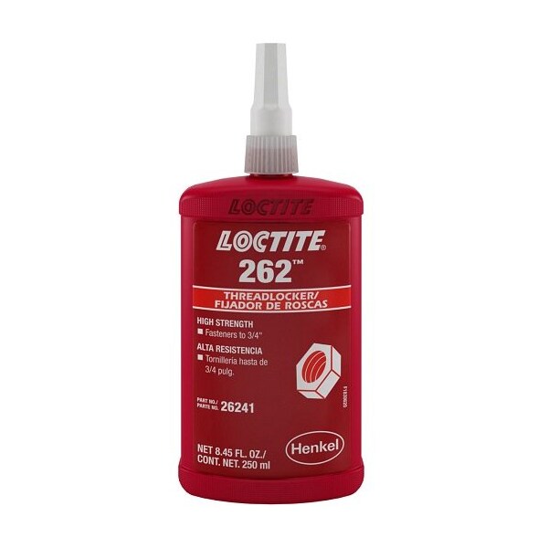 Henkel Anaerobic Threadlocker; General Purpose; Bottle; 250 Ml; Liquid; Fastener Upto 3/4 Inch Dia; Red 262 RED 250ML IDH 135375 - main